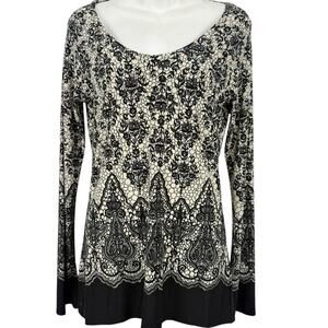 Norma Kamali Womens Lace Print Blouse Knit Stretch Slinky Long Sleeve Top sz M